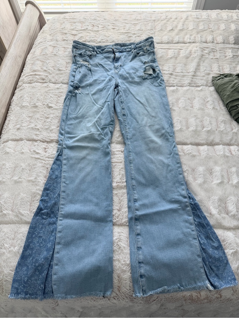 American Eagle Outfitters Two-Tone Light Blue Super Hi-Rise Flare Jeans